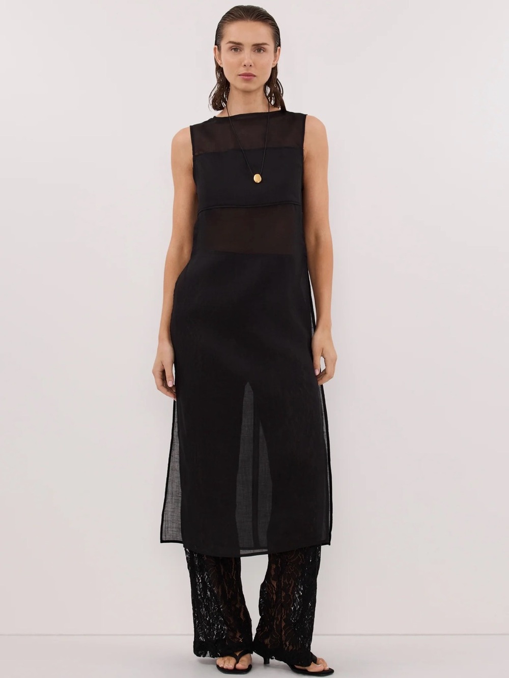 DISSH Kai Sleeveless Black Sheer Rami Tunic Top